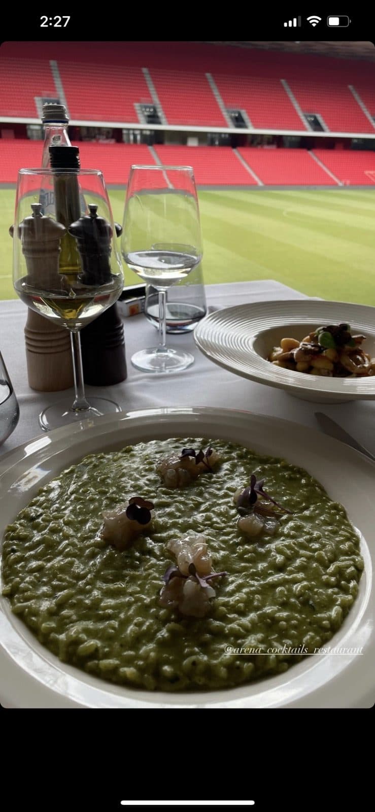 Guest photo of a green risotto with the pitch behind